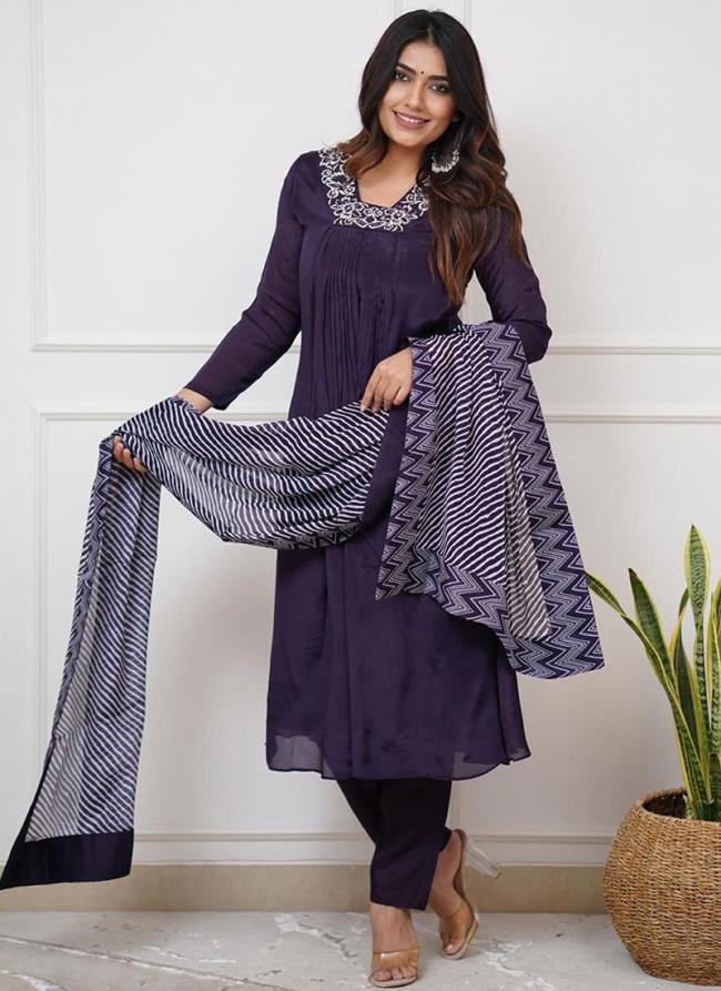 Viscose Silk Violet Casual Wear Embroidery Work Readymade Straight Suit